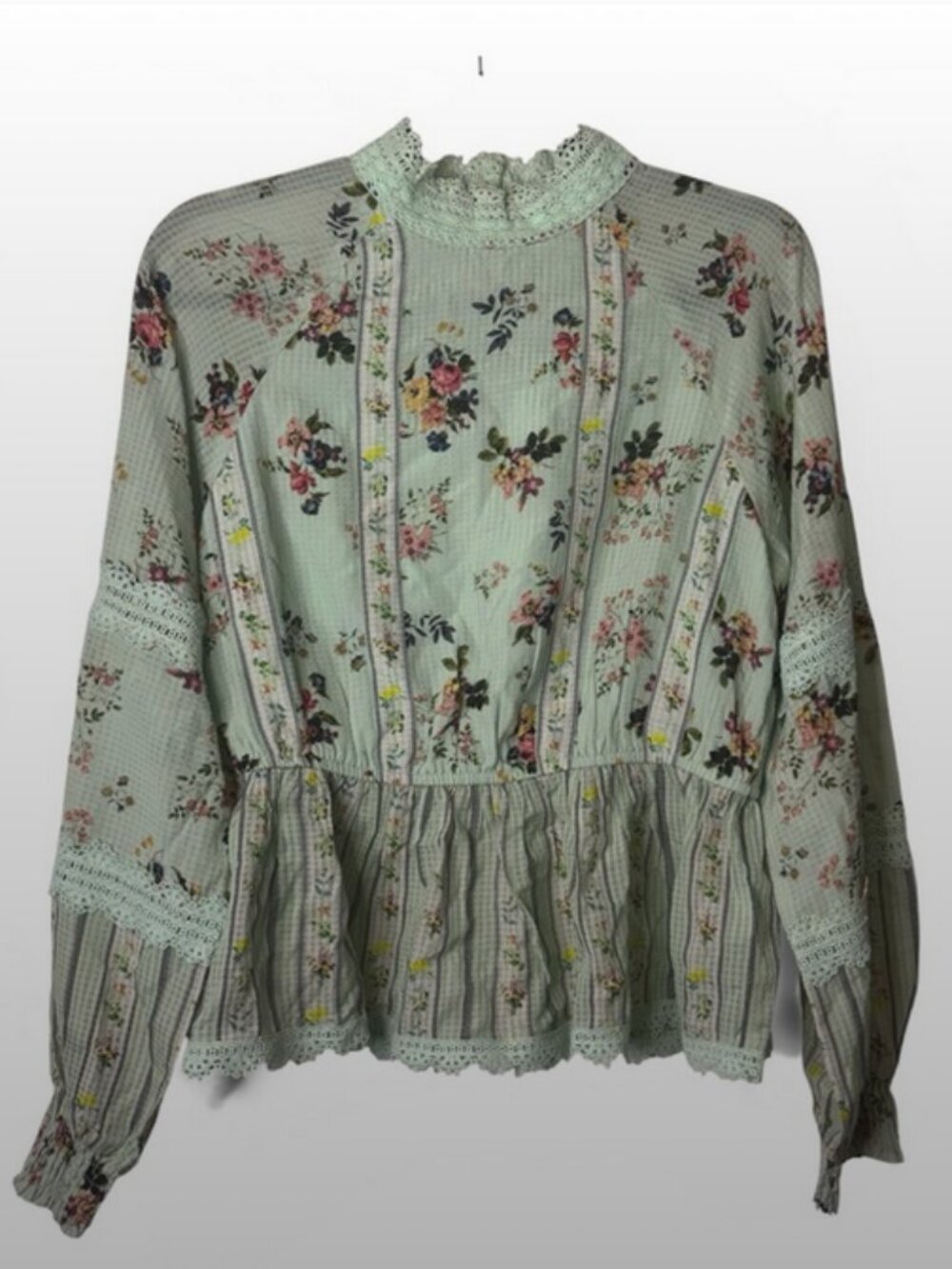 Hemant & Nandita Amour Floral Lace Mock Neck Blouse Mint Green Boho Top Size S - Picture 2 of 4